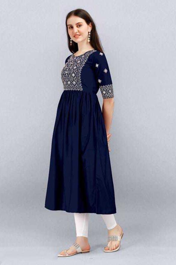 PAVONINE Navy Blue Color Burfi Design Embroidery Dress For Women | Swadesiicart
