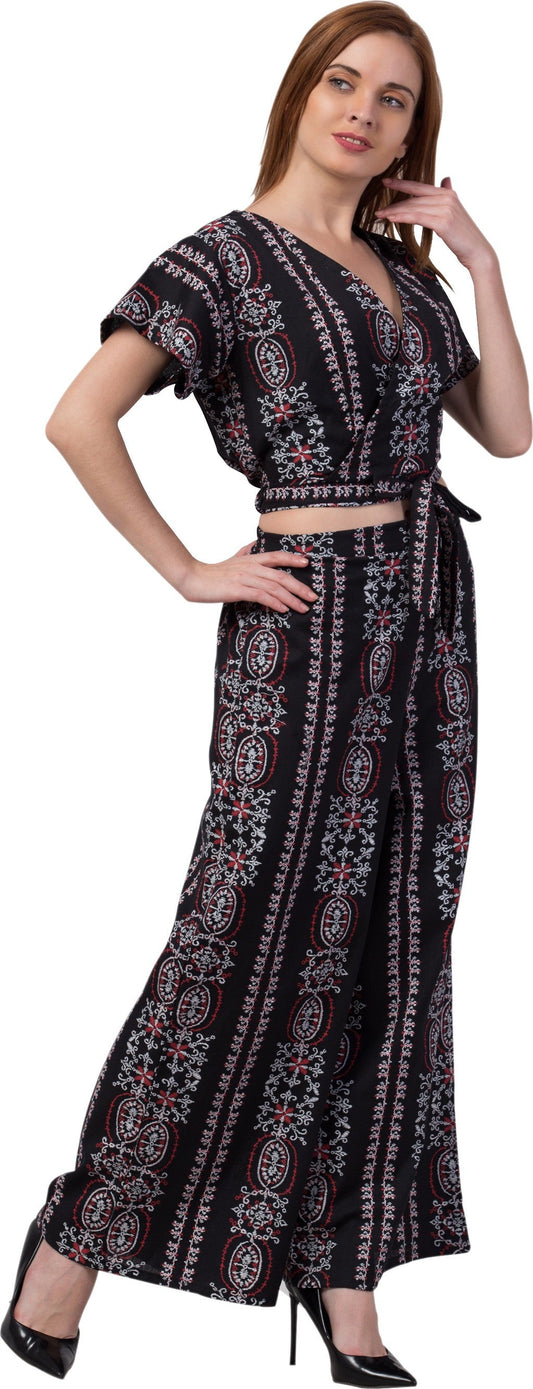 PAVONINE Black Color Printed Crop Top And Flared Palazzo Set For Girls & Women - Swadesiicart