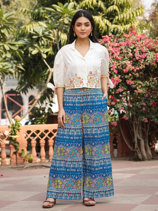 Juniper Blue Floral Printed Rayon Schiffli Top & Pants Set With Thread Work - Swadesiicart