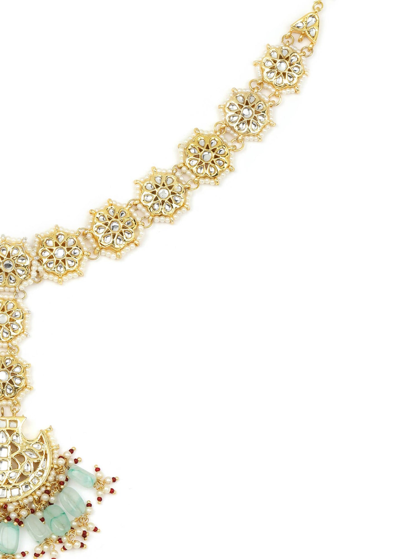 Gold-Polished White Blue Kundan-Studded Pearl Beaded Matha Patti - Ruby Raang | Swadesiicart