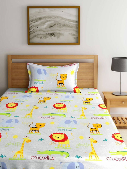 Home Sizzler White & Orange Cartoon Characters 210 TC Bedsheet with Pillow Covers - Swadesiicart