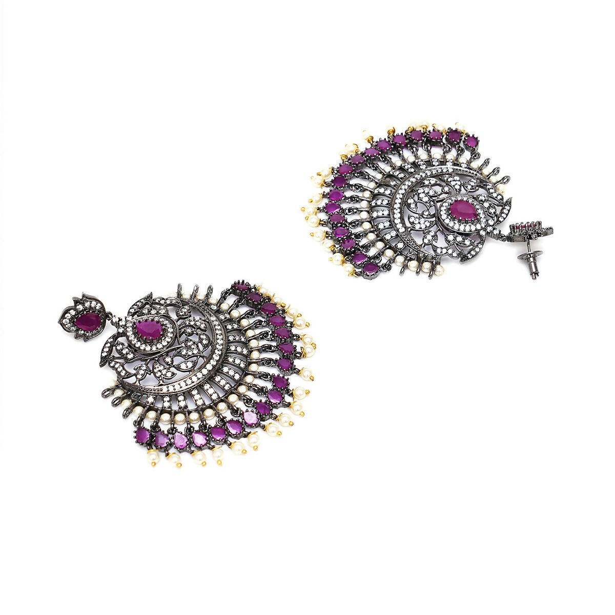 Diamond & Maroon Stone Earrings with Matching Maang Tikka- Ruby Raang | Swadesiicart