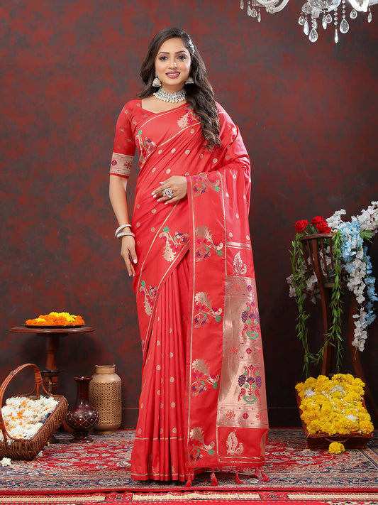 Lorenvalley Fashion Red Soft Paithani Silk Woven Design Copper Zari Meenakari Weaving Saree - Swadesiicart