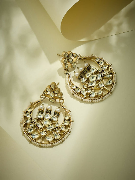 Nuyug 22K Gold-Plated Elegant Kundan Stone Studded & Pearl Beaded Chandbalis | Swadesiicart