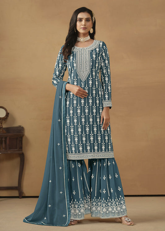 Radiant Teal Embroidered Wedding Festive Gharara Suit - Emponline | Swadesiicart