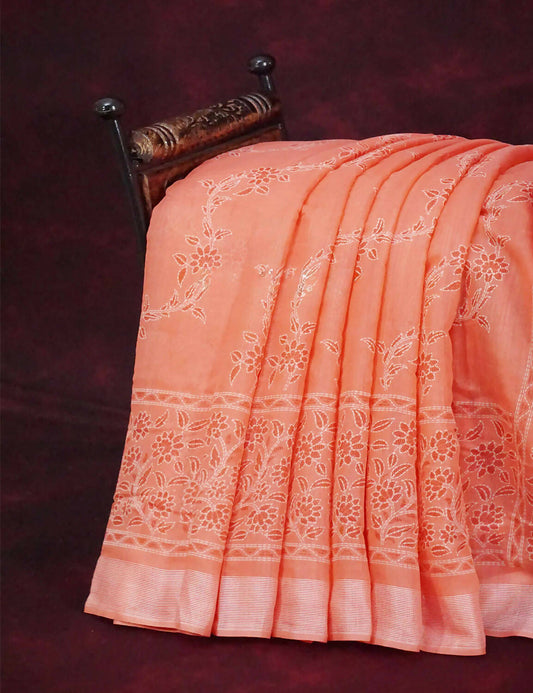 Mix of Peach and Orange Block Printed Semi Chanderi Saree By Gayathri Reddy Designer Studio | Swadesiicart