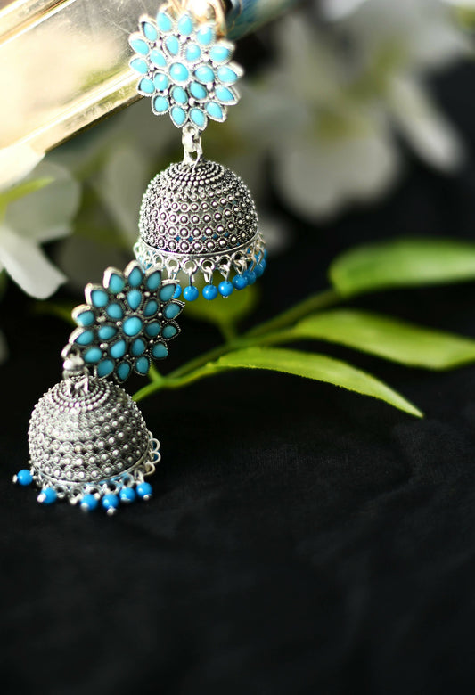 Mominos Fashion Joharkamal Kundan work Jhumka with Sky Blue Beads - Swadesiicart