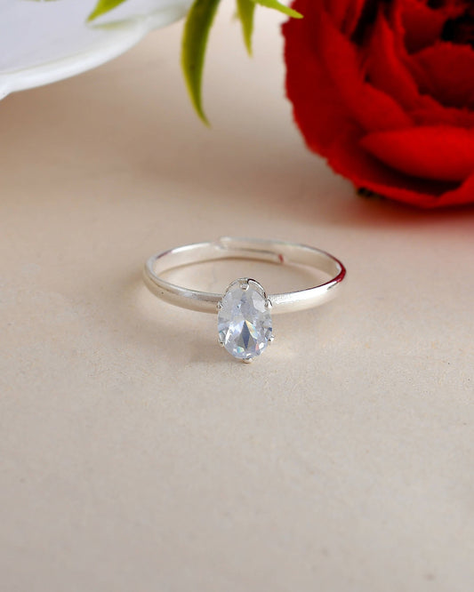 VOJ white CZ-detail Stainless Steel Cubic Zirconia Silver Plated adjustable finger Ring | Swadesiicart