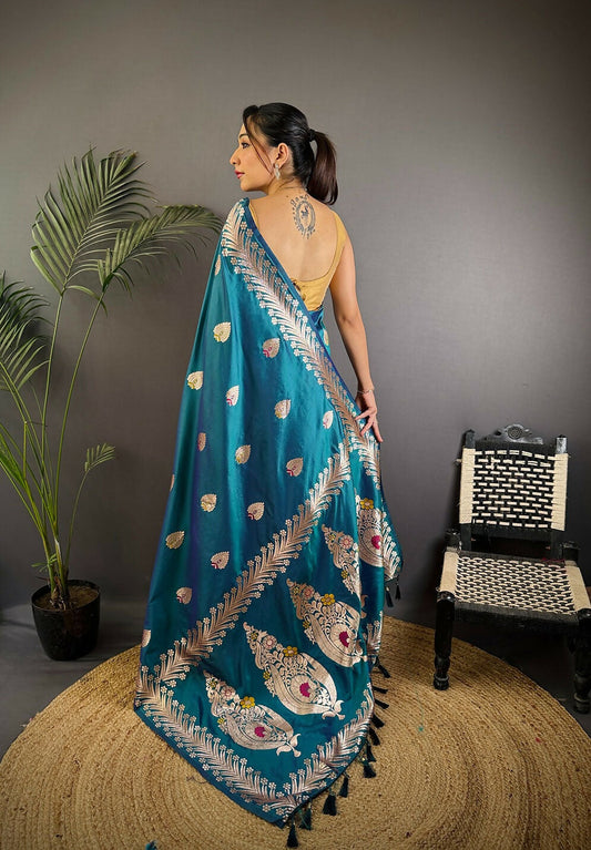 Joban Fashion Banarasi Sea Blue Woven Soft Silk Saree | Swadesiicart