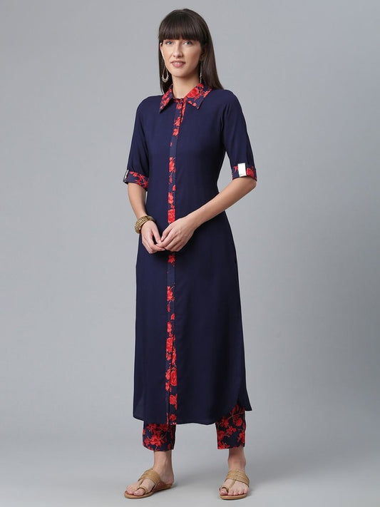 Ahalyaa Navy Blue Solid Rayon Kurta Pant Set | Swadesiicart