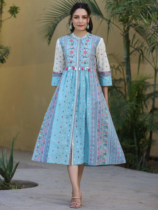 Juniper Women's Skyblue Cambric Printed Flared Dress | Swadesiicart