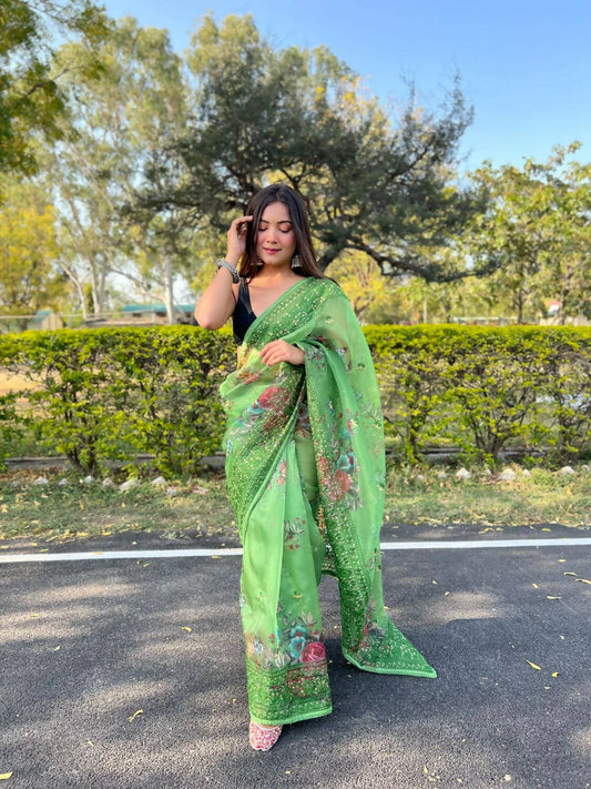 Vamsee Green Organza Saree - Swadesiicart