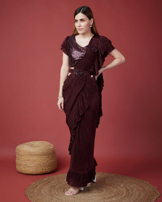 Wine Imported Crush Solid Ready to Wear Saree with stitched Blouse - Aayan | Swadesiicart