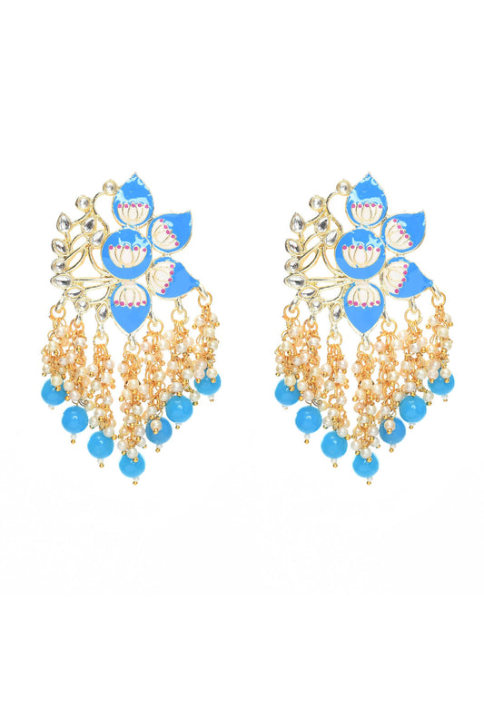 Mominos Fashion Johar Kamal Gold-Polished Kundan Sky Blue Meenakari Earrings - Mominos Fashion