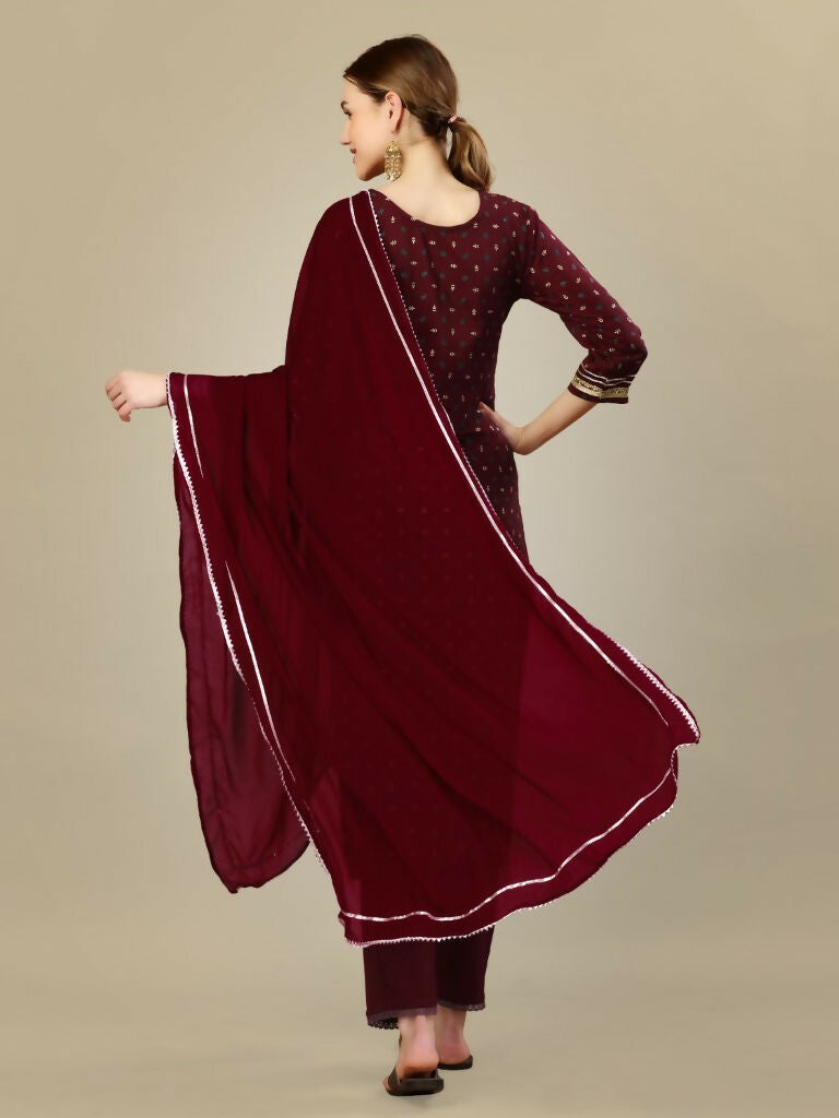 Jyoti Fashion Women's Maroon Silk Blend Embroidery & Sequence work Kurta with Trouser & Dupatta | Swadesiicart