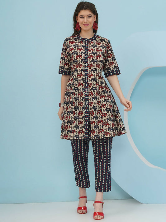 Joban Fashion Elephant Printed Co Ord Set - Beige - Swadesiicart
