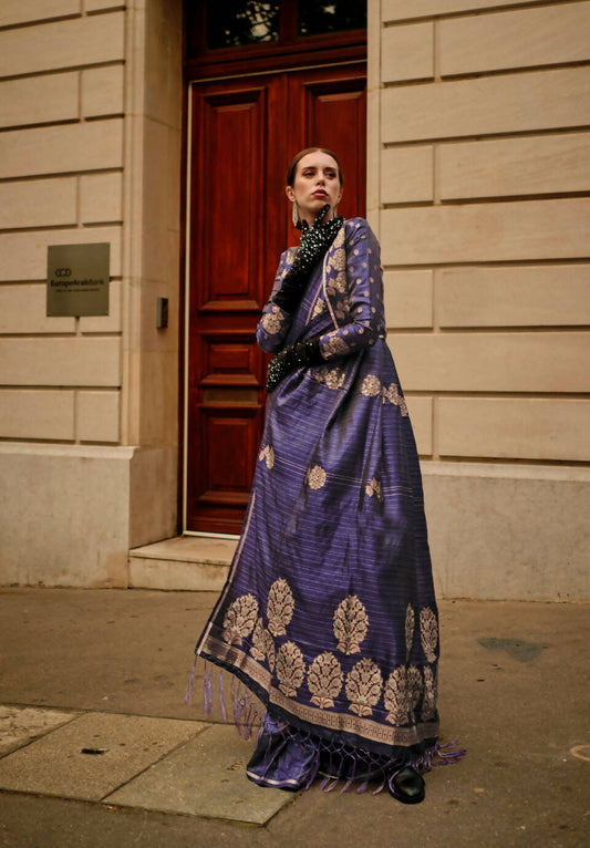 Navy Blue Weavead Thread & Zari Work, Handloom Weaving Banarasi Satin Silk Saree - Rajtex Kronicle Silk - Swadesiicart