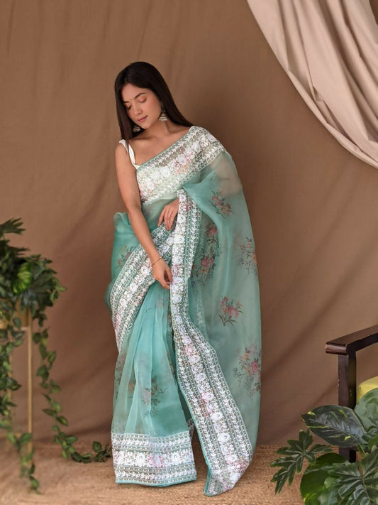 Vamsee White Border C-Green Organza Saree - Swadesiicart
