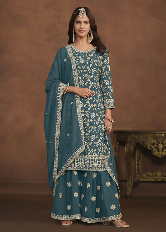 Faux Georgette Teal Blue Embroidered Festive Salwar Suit - Emponline | Swadesiicart