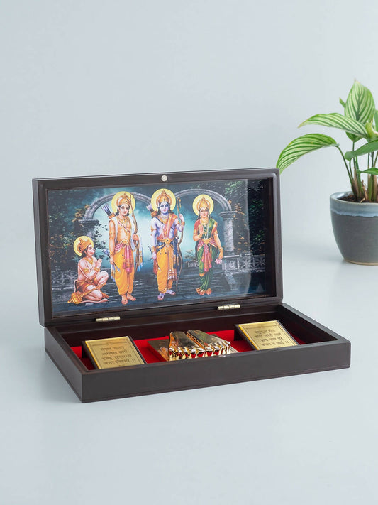 Golden Peacock 24 Ct Gold-Polished & Brown Ram Darbaar Pooja Box | Swadesiicart