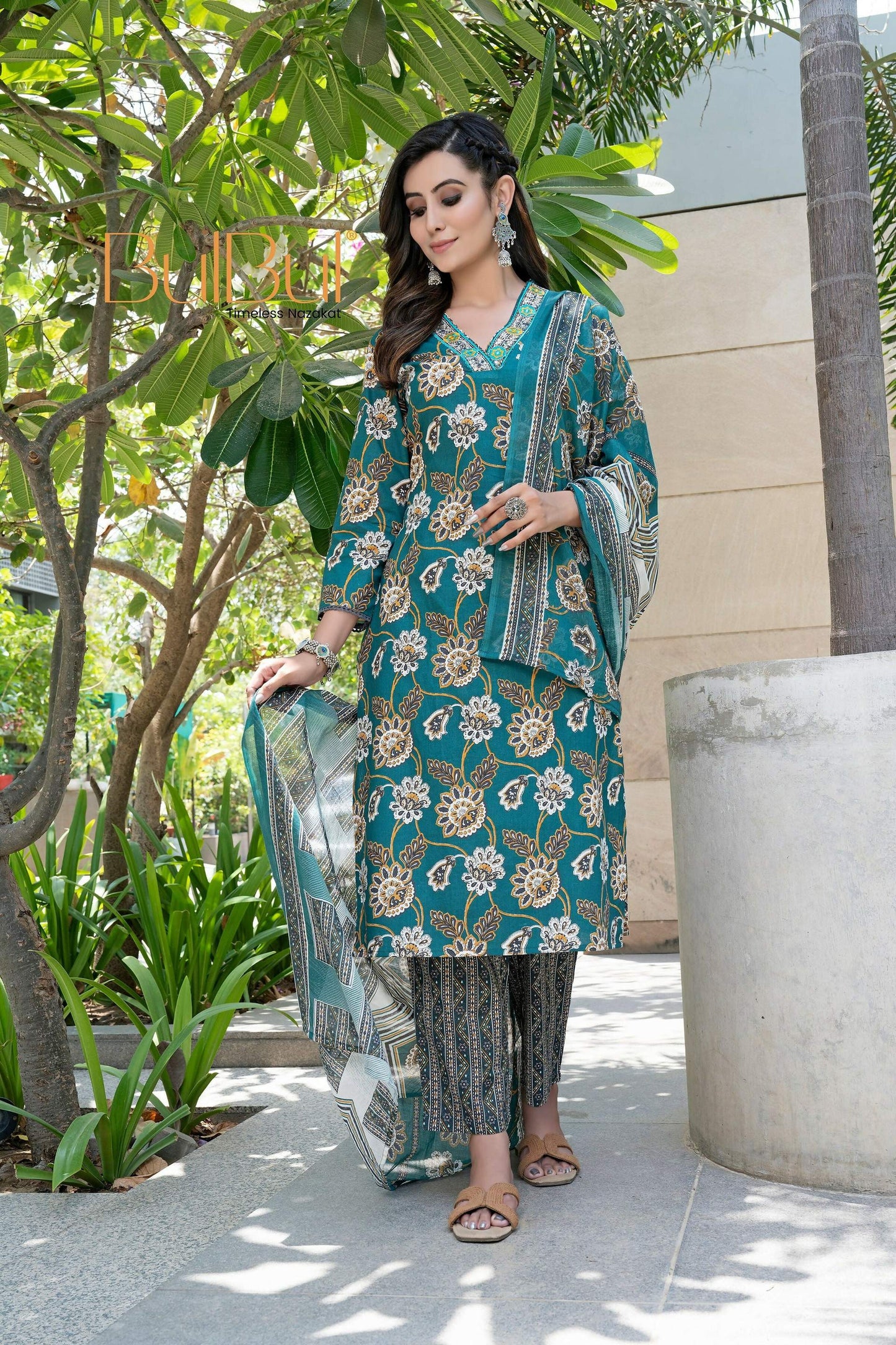 BulBul Fashionista Green Cotton Kurta Set with Dupatta - Swadesiicart