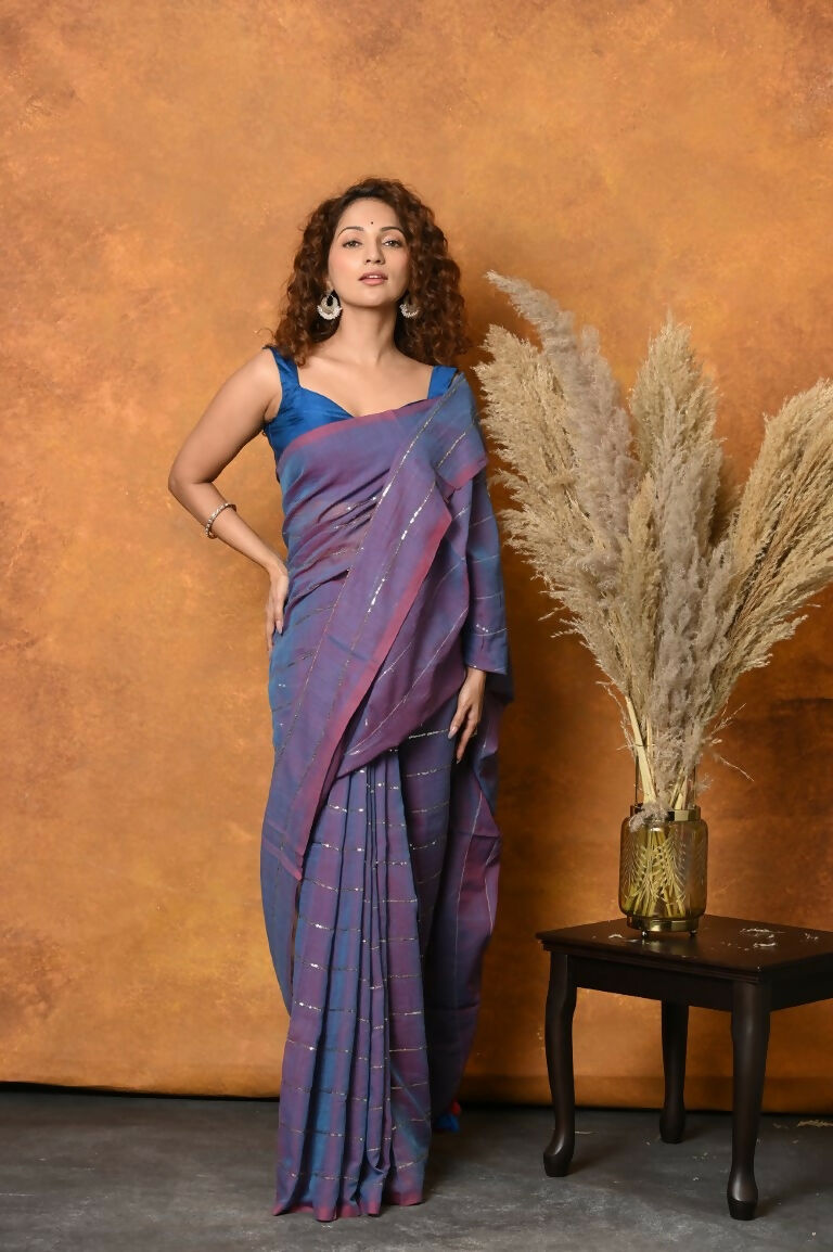 Very Much Indian Designer Mul Cotton Handloom Saree with Sequins - Purple | Swadesiicart
