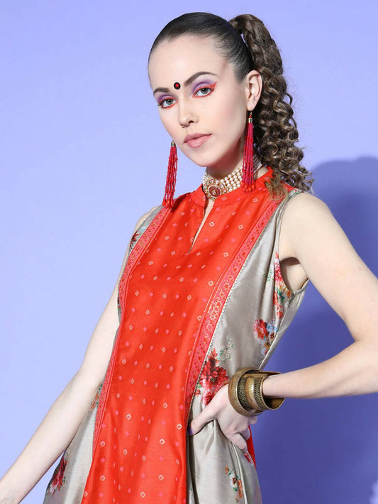 Ahalyaa Women Beige Colour Chanderi Digital Printed Kurta Palazzo Set | Swadesiicart