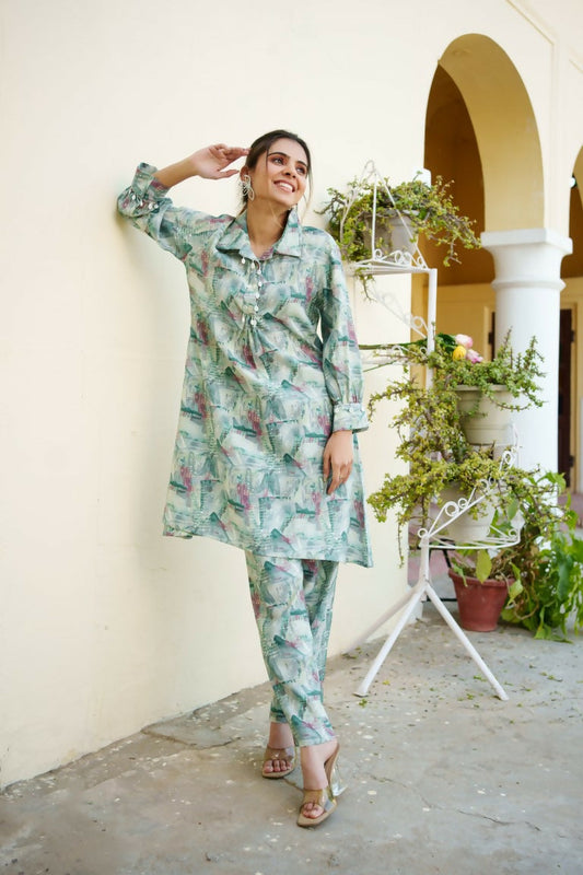 Vaasva Women Mint Muslin Printed Shirt & Pant Set - Swadesiicart