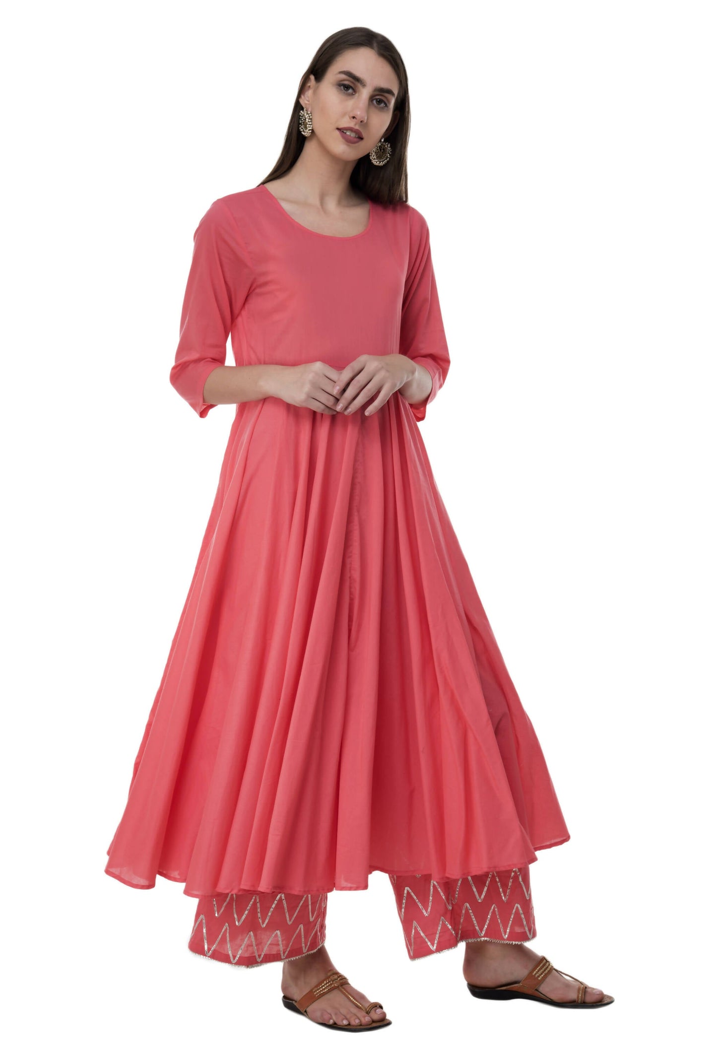 Women's Coral Flared Kurti With Palazzo Enhanced With Gota Work At Cuff Area Of Palazzo - G & A Apparels | Swadesiicart