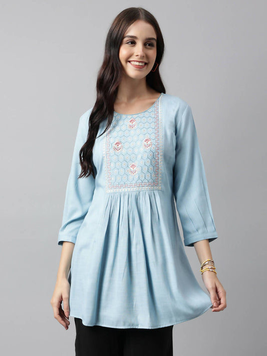 Light Blue Rayon Yoke Embroidered A-line Top - Tarini - Swadesiicart