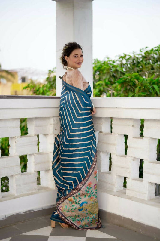 Vishnu Weaves Women's Blue Soft Tussar Silk Digital Printed Saree with Unstitched Blouse - Swadesiicart