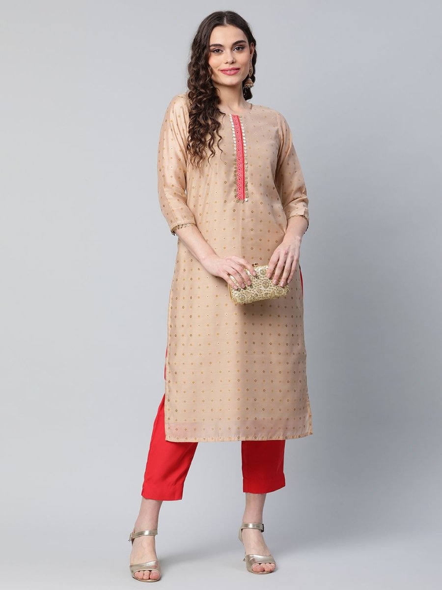 Ahalyaa Women Beige Colour Chanderi Printed Kurta Pant Set | Swadesiicart
