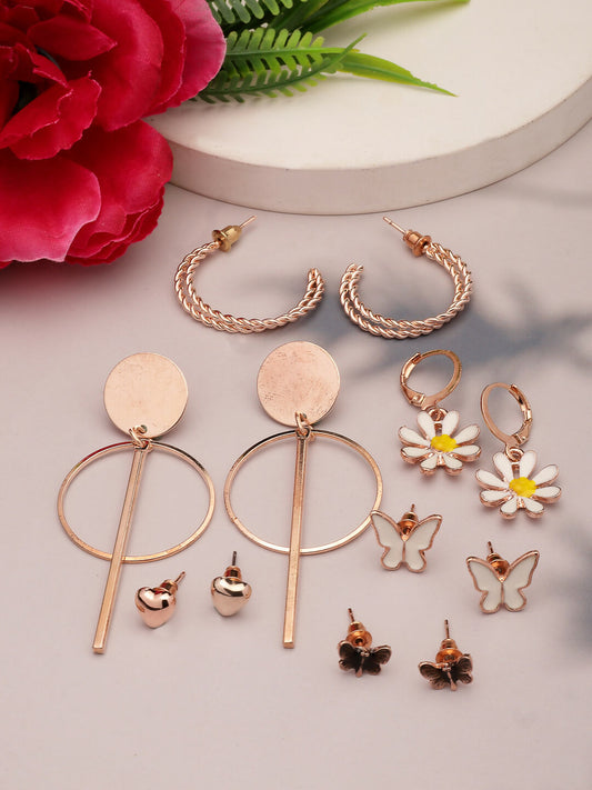NVR Women's Set of 6 Rose Gold-Polished Contemporary Drop Earrings | Swadesiicart