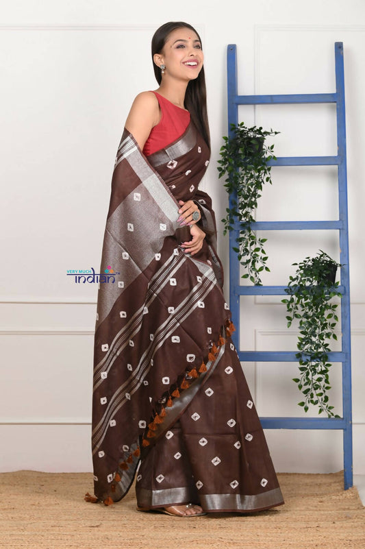 Very Much Indian Handmade Tie And Dye Cotton Saree By Women Weavers - Brown | Swadesiicart