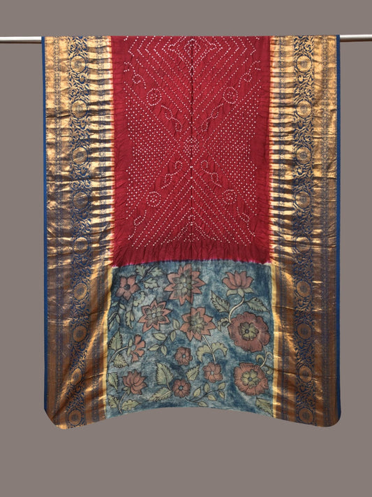 Maroon and Blue Bandhani Kanchipuram Silk Handloom Dupatta with Kalamkari Design - Global Threads | Swadesiicart