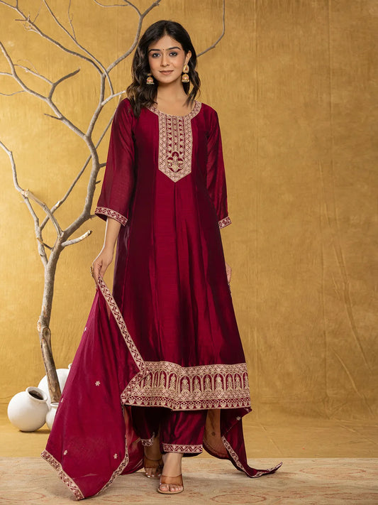 Yufta Maroon Embroidered Anarkali Kurta Dupatta Set With Cotton Lining - Swadesiicart