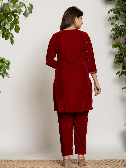 Yufta Maroon Velvet Embroidered Co-Ord Set With Cotton Lining - Swadesiicart