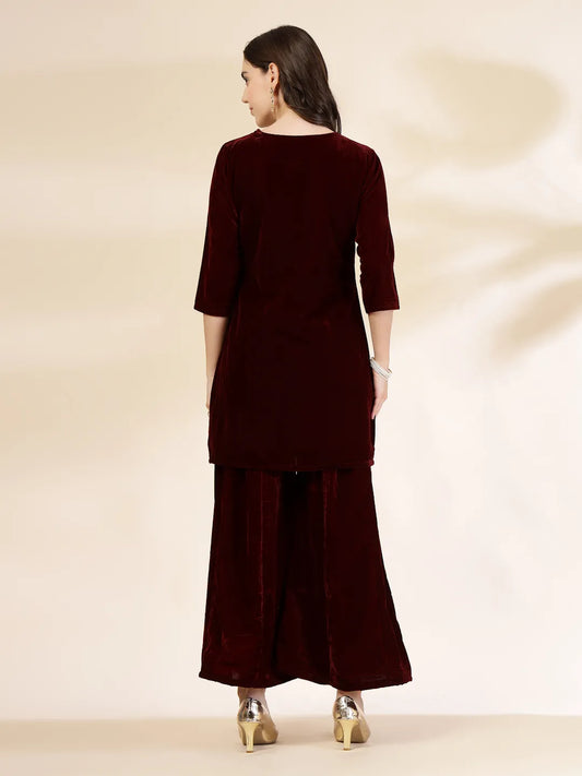 Yufta Maroon Velvet Zari Work CoOrd Set - Swadesiicart