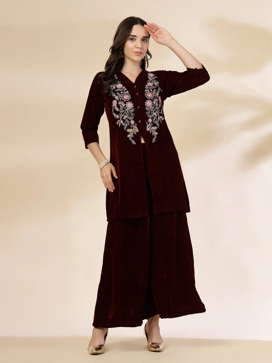Yufta Maroon Velvet Zari Work CoOrd Set - Swadesiicart