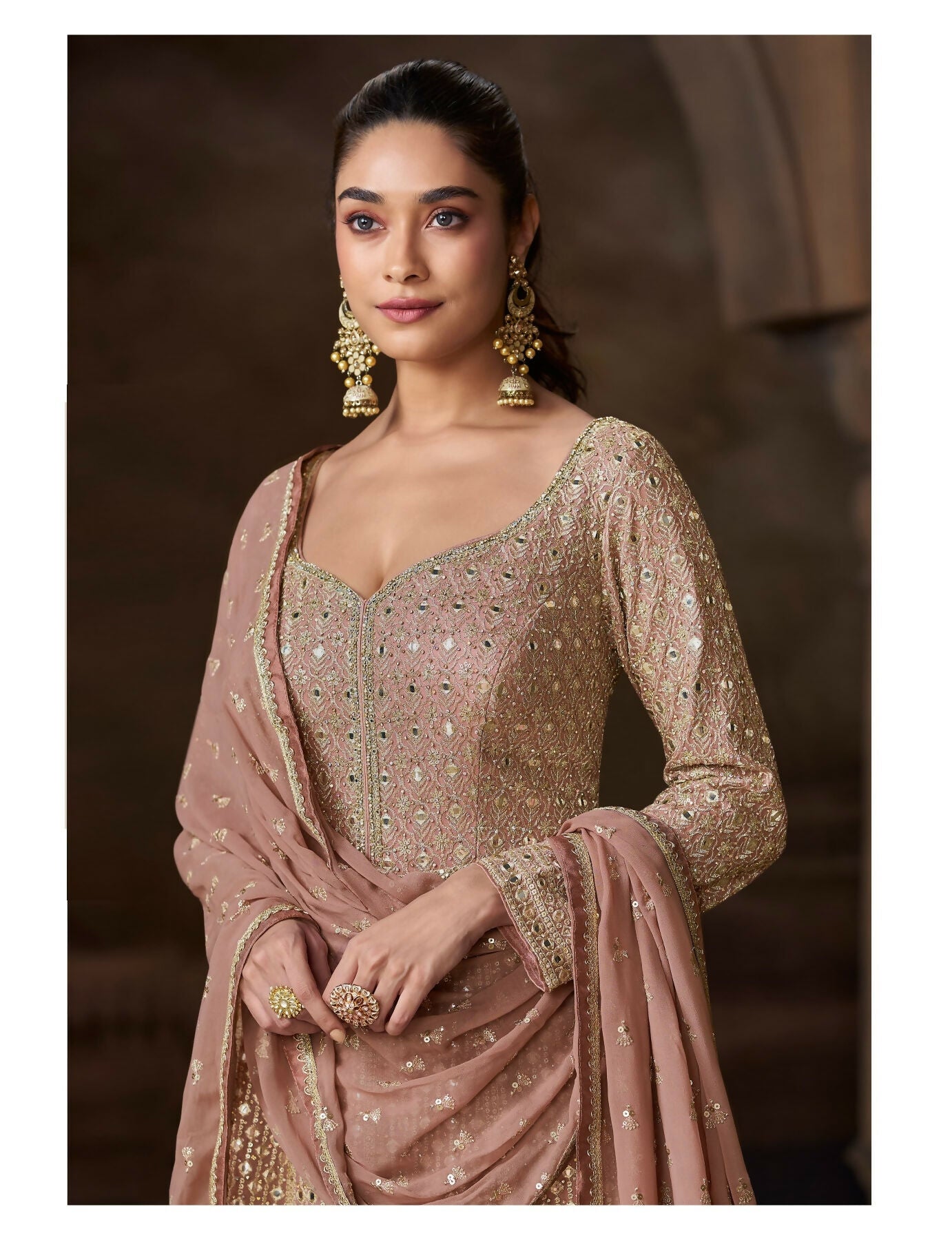 Anaita Beige Real Georgette Stitched Anarkali Suit with Embroidery & Sequence Work