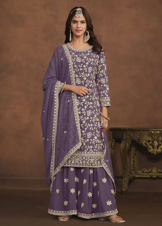 Faux Georgette Purple Embroidered Festive Salwar Suit - Emponline | Swadesiicart