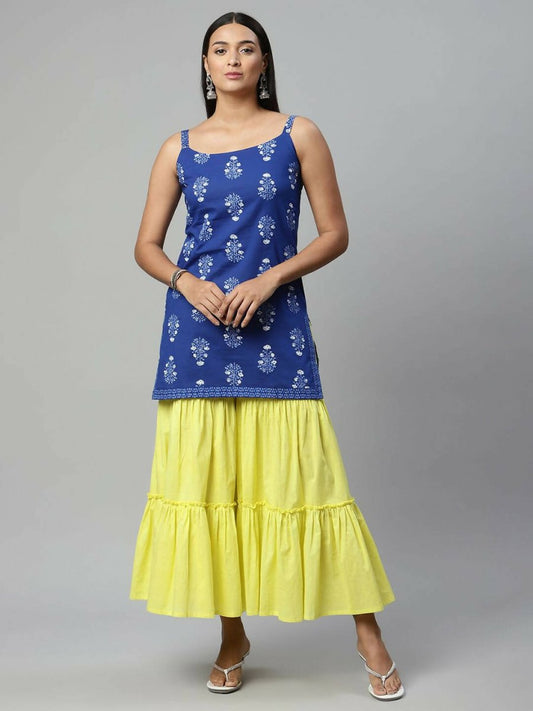 Ahalyaa Womens Royal Blue Pure Cotton Printed Tunic Sharara Set | Swadesiicart
