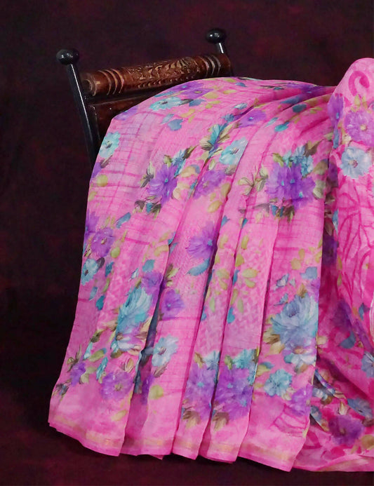 Neon Pink Printed Semi Chanderi Saree By Gayathri Reddy Designer Studio | Swadesiicart