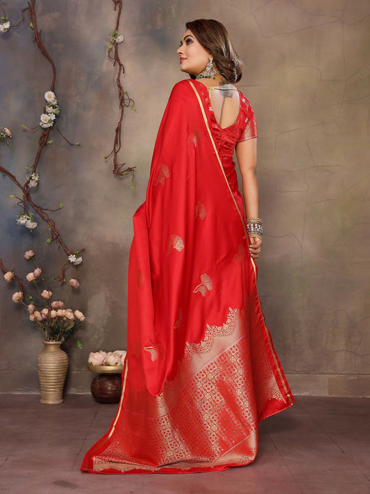 Joban Fashion Red Floral Motifs Banarasi Silk Sarees | Swadesiicart