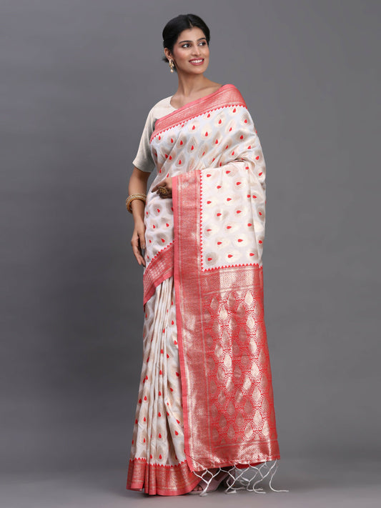 Astita Banarasi Silk Red & White Saree | Swadesiicart