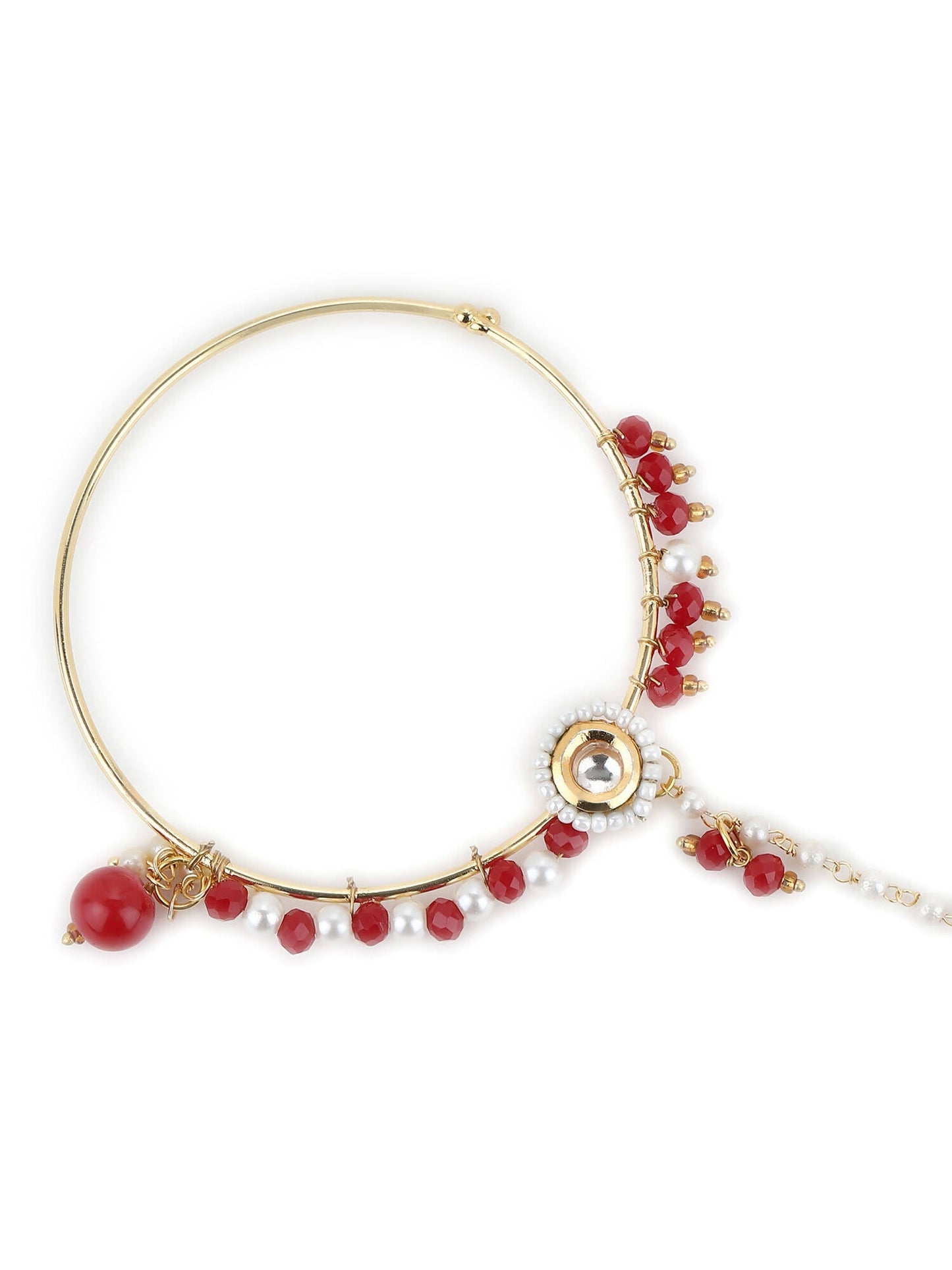 White Red Gold-Polished Kundan-Studded Beaded Nosepin - Ruby Raang | Swadesiicart