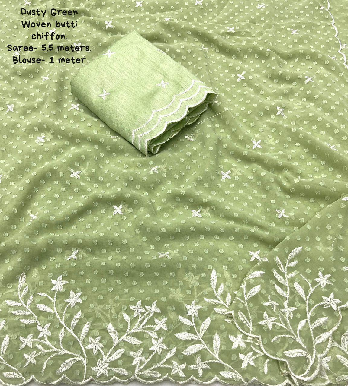 Green Pure Chiffon Woven Design Saree with Unstitched Blouse - Hiral Fashion | Swadesiicart