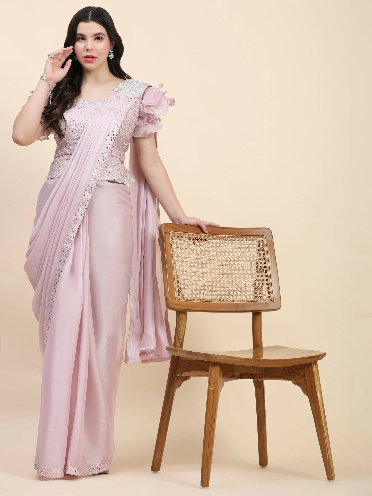 Light Pink Silk Satin Sequence Work Ready to Wear Saree with stitched Blouse - Nirvana | Swadesiicart