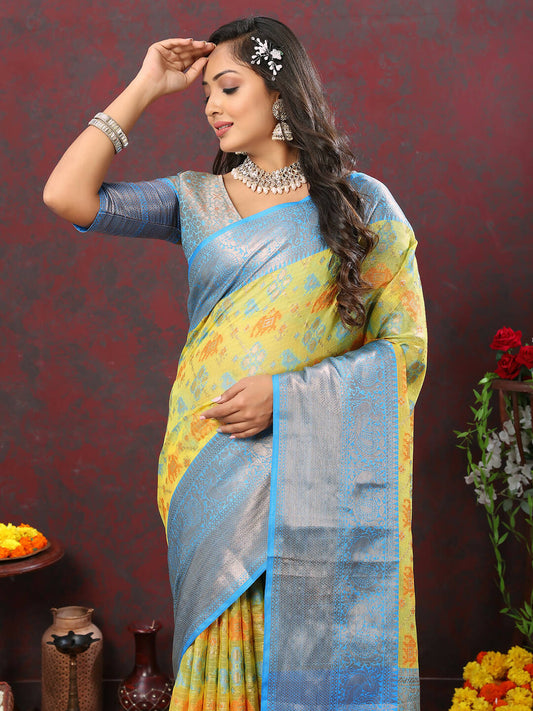 Lorenvalley Fashion Yellow Cotton Woven Design Zari Meenakari Weaving Saree - Swadesiicart