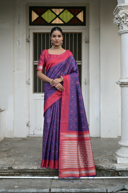 Vishnu Weaves Women's Blue Raw Silk Saree with Blouse - Swadesiicart